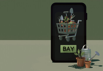 smartphone and garden tool in a market cart 3 d render cartoon on a green background