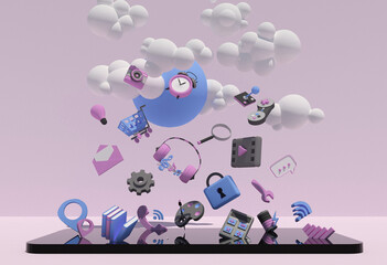 Icons with different applications for the phone fall into a smartphone from the clouds, 3D rendering of cartoon pink and blue colors, the concept of downloading applications from cloud services