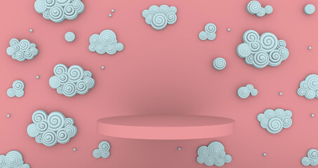 pink podium round on pink background around cartoon clouds 3 d rendering