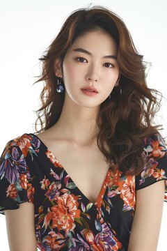 Portrait of a pretty young woman super model of Korean ethnicity showcasing a floral print maxi dress with a V-neckline and flutter sleeves, her hair styled in a half-up