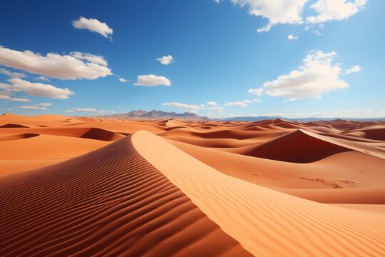 A desert landscape with sand dunes, mountains, and a clear blue sky
