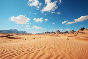 Fototapeta na wymiar Mountains backdrop a desert landscape under a blue sky with fluffy clouds