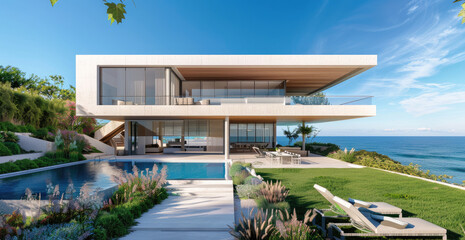3D rendering of a modern house with a garden and swimming pool near the beach
