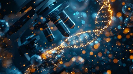 Microscope with Orange Lighting Studying DNA Sequencing in Biotechnology Research