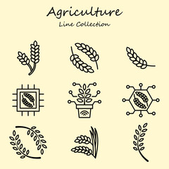 Agriculture Wheat Editable Icons Set Line Style. Plant, Wheat, Paddy, Rice, Leaf, Food. Outline Collection