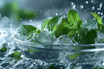 Fresh mint leaves hitting icy water, with a splash that's cool and invigorating