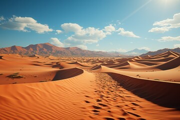 Fototapeta na wymiar Sand dunes in desert, mountains as backdrop in natural landscape