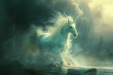 An ethereal sea unicorn guiding lost mariners through fog and leading them to paradise - obrazy, fototapety, plakaty