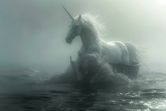 An ethereal sea unicorn guiding lost mariners through fog and leading them to paradise
