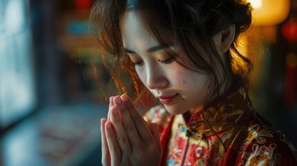 A young woman clasps her hands together to make a wish, hoping for good fortune.