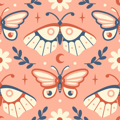 Vintage Bohemian vibes in mystical vector pattern. Moths and butterflies. Spring garden aesthetic. Limited palette design for versatile use on fabric or as backdrop. Ethereal, sacred vibes. - obrazy, fototapety, plakaty