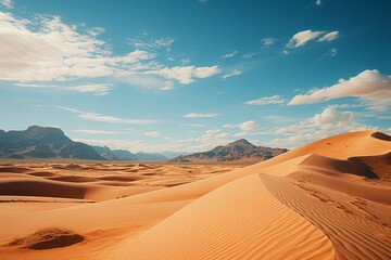Fototapeta na wymiar Vast desert landscape with sand dunes, mountains, and cloudy sky on the horizon