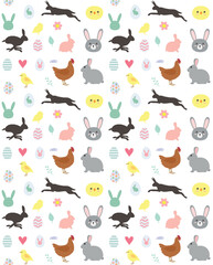 Vector seamless pattern of flat hand drawn Easter elements isolated on white background