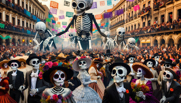 A Large Group Of Skeleton Figures, In A Day Of The Dead Parade.