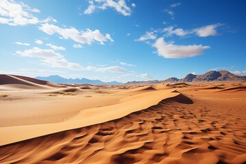 Erg landscape with sand dunes, mountains, and clear blue sky