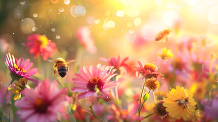 A beautiful, colorful summer spring natural flower background with bees working on a bright sunny day and beautiful bokeh. - obrazy, fototapety, plakaty