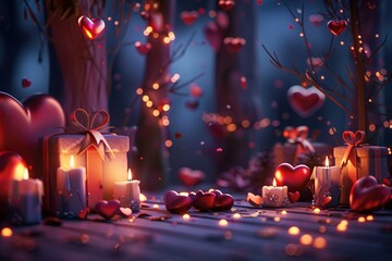 A A romantic scene with hearts and gifts illuminated in a warm - obrazy, fototapety, plakaty