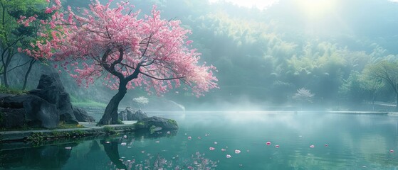 A lone cherry blossom tree in full bloom beside an ancient, tranquil pond