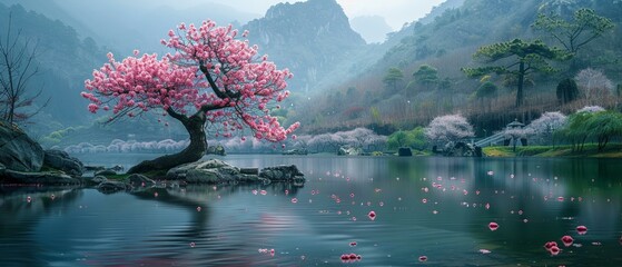A lone cherry blossom tree in full bloom beside an ancient, tranquil pond - obrazy, fototapety, plakaty
