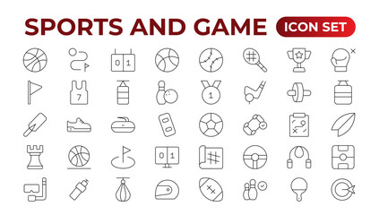 Sports & Game icon set. Hobby and lifestyle line icons collection. Religion, sport, game, fitness, music, cinema icons. UI icon set. Thin outline icons pack. Outline icon collection.