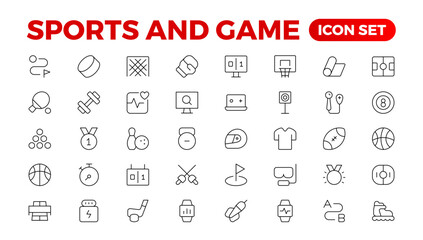 Sports & Game icon set. Hobby and lifestyle line icons collection. Religion, sport, game, fitness, music, cinema icons. UI icon set. Thin outline icons pack. Outline icon collection.