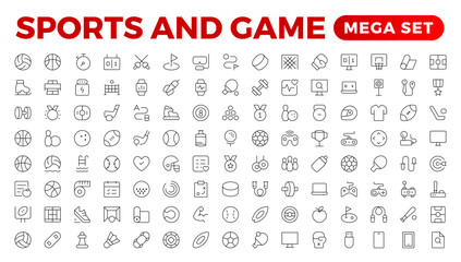 Sports & Game icon set. Hobby and lifestyle line icons collection. Religion, sport, game, fitness, music, cinema icons. UI icon set. Thin outline icons pack. Outline icon collection. - obrazy, fototapety, plakaty