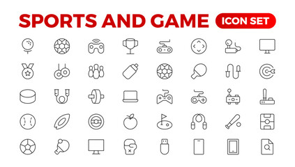 Sports & Game icon set. Hobby and lifestyle line icons collection. Religion, sport, game, fitness, music, cinema icons. UI icon set. Thin outline icons pack. Outline icon collection.