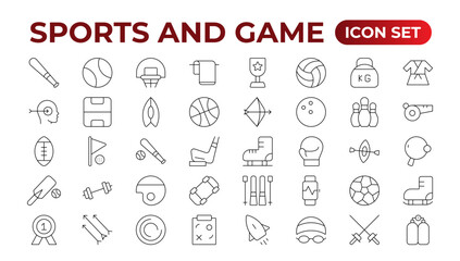 Sports & Game icon set. Hobby and lifestyle line icons collection. Religion, sport, game, fitness, music, cinema icons. UI icon set. Thin outline icons pack. Outline icon collection.