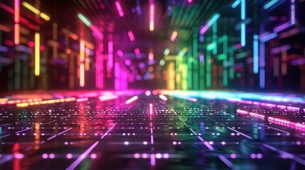 A futuristic perspective of a floor illuminated by a vibrant neon light spectrum - obrazy, fototapety, plakaty