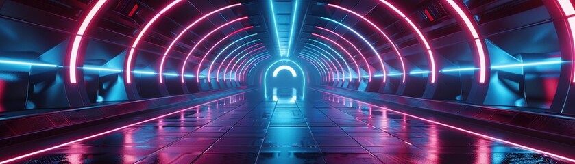 A long futuristic corridor with neon-lit arch entrances in a symmetrical - obrazy, fototapety, plakaty