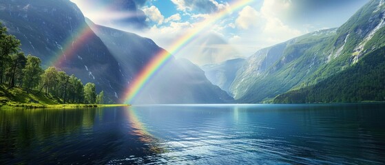 A majestic double rainbow arches over a serene mountain lake with lush greenery.