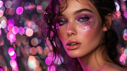 Euphoria inspired fashion and beauty editorial photo shoot featuring a model Caucasian and Hispanic model with purple eyeshadow in front of black and purple sequin background makeup dancing queen 