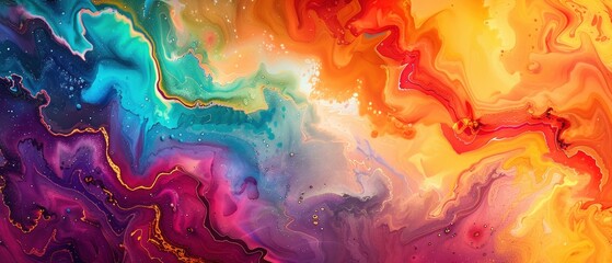 A Panoramic abstract fluid art with vivid colors merging in a dynamic and creative pattern.