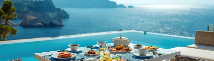 A luxurious breakfast spread on a table with a breathtaking sea view in the background.