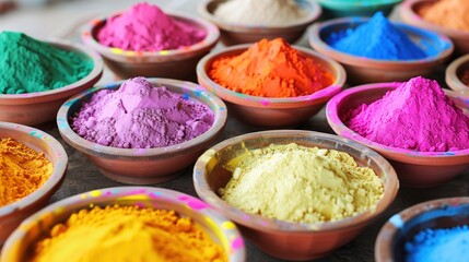 A Vibrant bowls of Holi powder displayed ready for the joyous celebration of the traditional Hindu festival