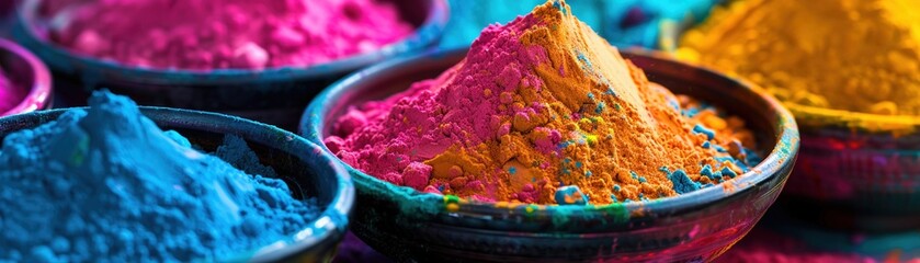 A Vibrant bowls of Holi powder displayed ready for the joyous celebration of the traditional Hindu festival