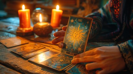 Naklejka na ściany i meble Fortune teller of hands holding THE SUN card and tarot cards on table near burning candles in candle light.Tarot cards spread on table with crystal ball.Forecasting concept.