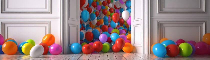 Fototapeta na wymiar An open doorway reveals a room bursting with colorful balloons