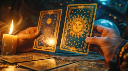 Fortune teller of hands holding THE SUN card and tarot cards on table near burning candles in candle light.Tarot cards spread on table with crystal ball.Forecasting concept.