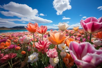 Fotobehang Vibrant tulip field by a lake, under blue sky with puffy clouds © dong