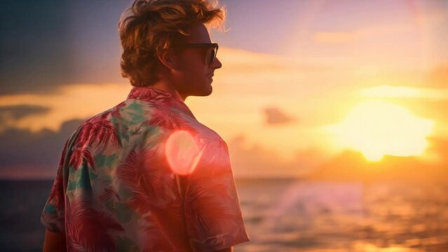 Young tourist man wearing hawaiian shirt,man with sunset