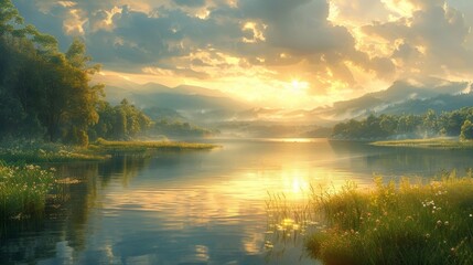A tranquil landscape of rolling hills and a peaceful lake with the soft glow of the setting sun casting a warm golden light over the entire scene. - obrazy, fototapety, plakaty