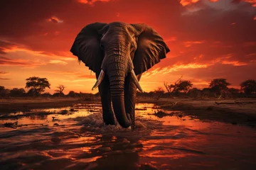 Zelfklevend Fotobehang Elephant in water at sunset amidst natural landscape © dong