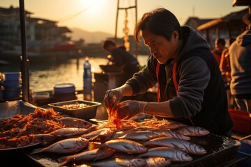 Fish being prepared at a fish market, a culinary art by the sea