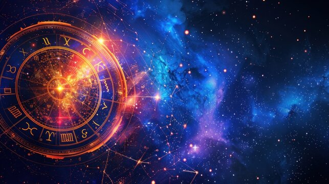 Zodiac signs inside of horoscope circle. Astrology in the sky with many stars and moons astrology and horoscopes concept