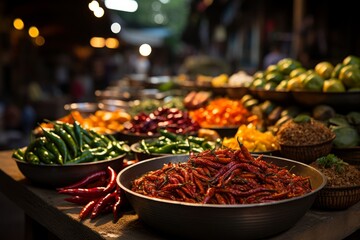 Table adorned with bowls of natural foods like vegetables and spices