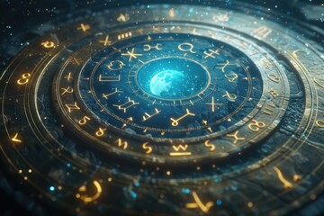 Zodiac signs inside of horoscope circle. Astrology in the sky with many stars and moons astrology and horoscopes concept