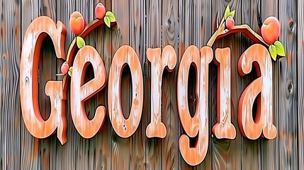 Rustic Georgia Text with Peach Fruit Accents on Weathered Wooden Planks