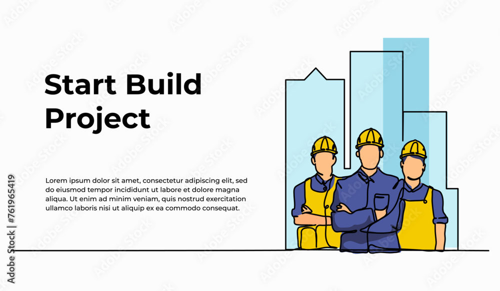 Poster vector illustration of project worker pose with confidence. modern flat in continuous line style.