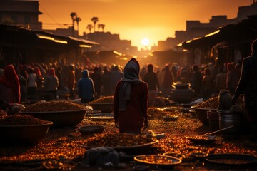 Man sits under a warm sunset in bustling market amidst city buildings